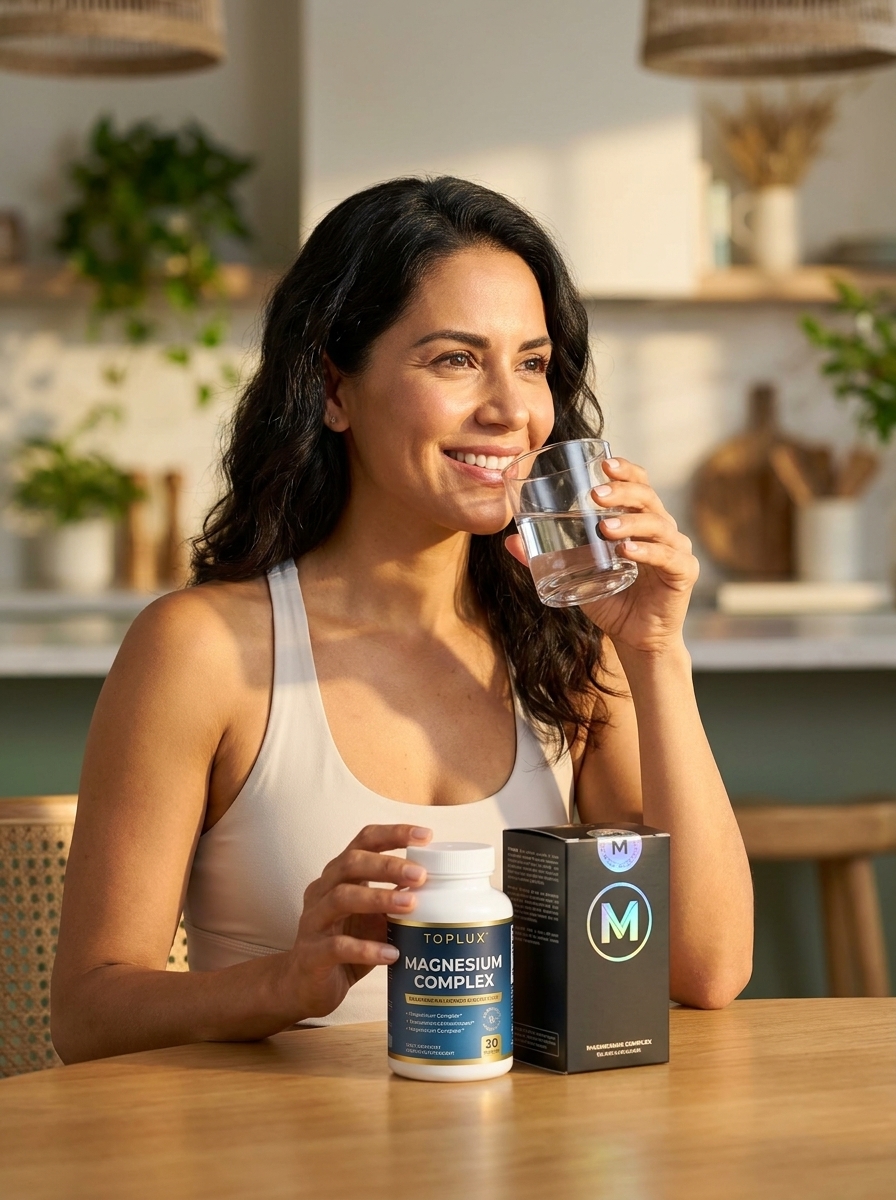 Mujer tomando agua junto al Magnesio Complex