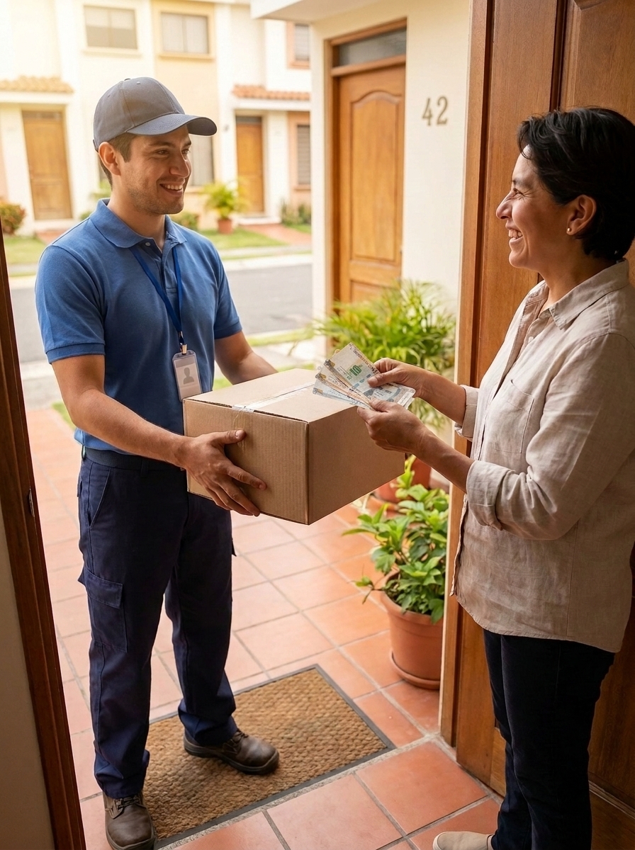 Repartidor entregando el pedido y cliente pagando en la puerta